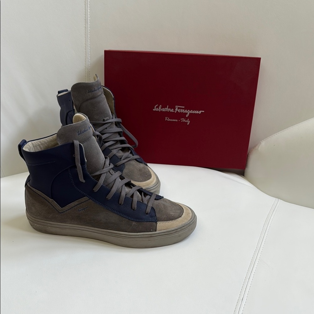 Salvatore Ferragamo Gray and Blue High-Top Sneakers